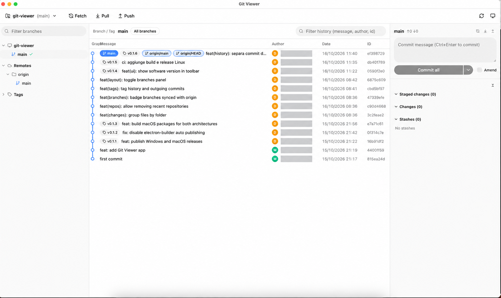 Dettaglio reale della cronologia con grafo dei commit, branch e tag